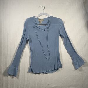 Jones New York Country Womens Size 16 Light Blue Crinkle Tie Neck Long Sleeve